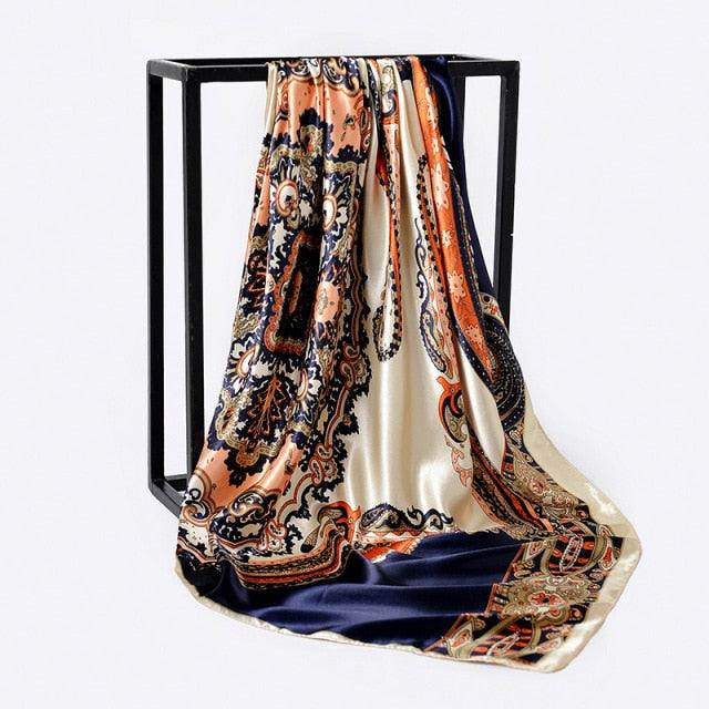 Luxury Long Soft Square Silk Scarves Lightweight Elegant Satin Silk Soft Head Wrap Escharpe Hijab Scarf Muslim Female Silky Shawls Wrap Hair Head Scarves Bandanna For  Women 90*90cm