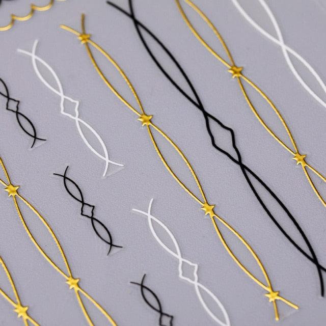 Nail Strip Stickers Black Gold Rose Gold Silver Metal Strip Tape Nail Art Adhesive Foil Tips Nail Sticker Decals Metallic Curve Strip Line Nail Decal Self-Adhesive 3D Wave Design Decoration for Women Girls Tape Nail Art Stickers Decal Decoration