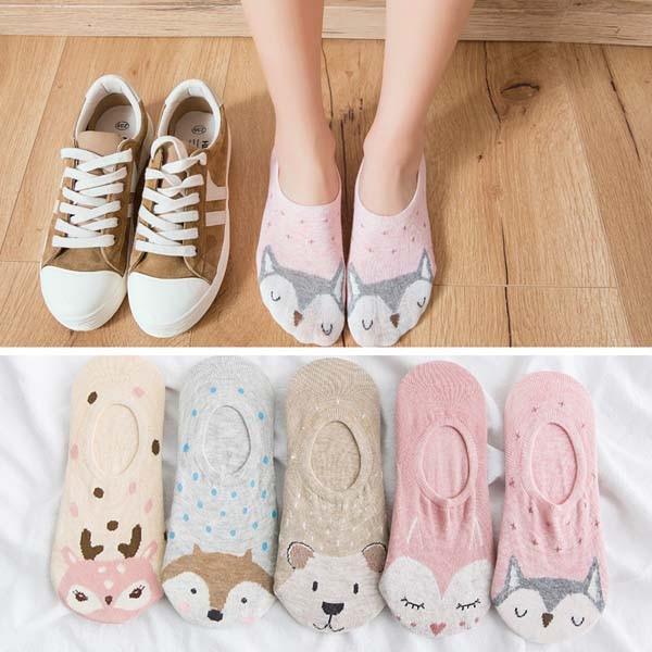 5 pairs Summer Socks Female Cartoon Animal Bear Mouse Socks Cute Funny Invisible Cotton Ankle Socks For Women