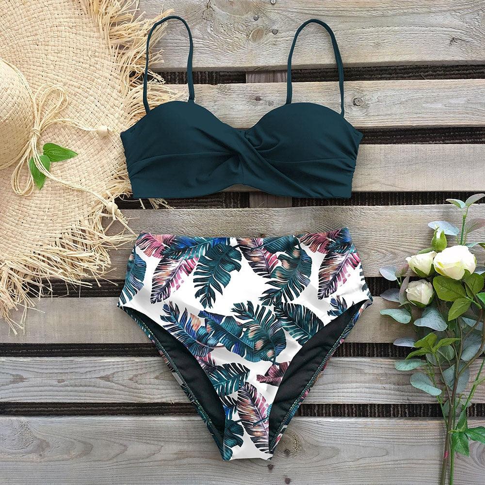 High Waist Bikini Set Women  Bikini Flower Swimwear Women High Waist Bikini Halter Two Piece Bathing Suits Tummy Control Swimsuit Push Up Swimwear Vintage Halter Neck Swimsuit Female Green Bathing Suit