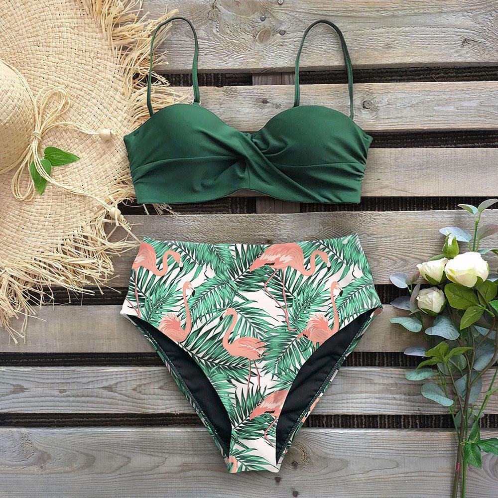 High Waist Bikini Set Women  Bikini Flower Swimwear Women High Waist Bikini Halter Two Piece Bathing Suits Tummy Control Swimsuit Push Up Swimwear Vintage Halter Neck Swimsuit Female Green Bathing Suit