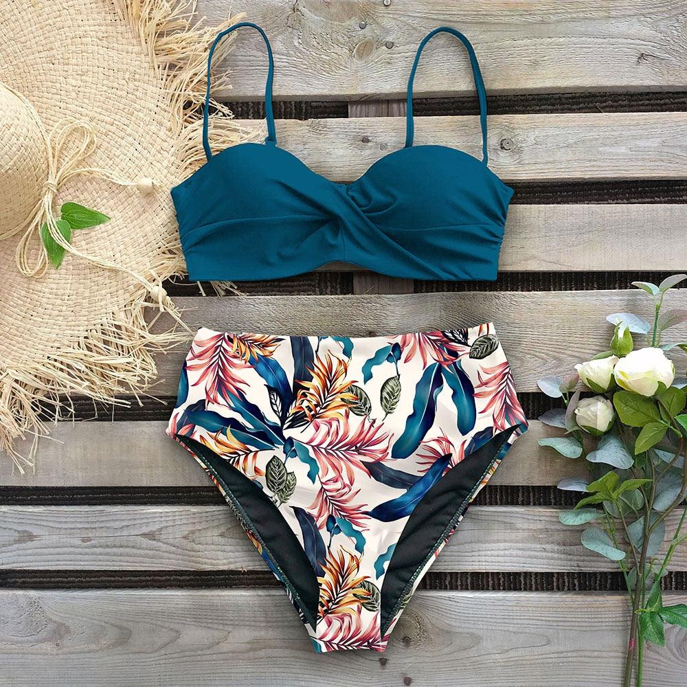 High Waist Bikini Set Women  Bikini Flower Swimwear Women High Waist Bikini Halter Two Piece Bathing Suits Tummy Control Swimsuit Push Up Swimwear Vintage Halter Neck Swimsuit Female Green Bathing Suit