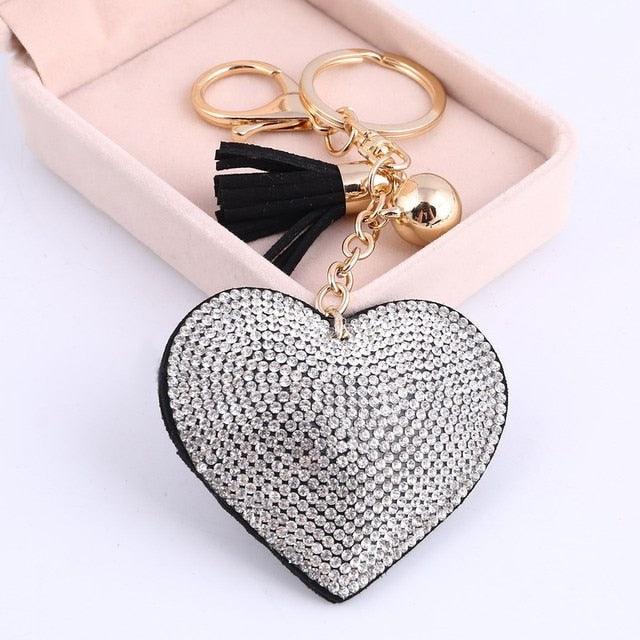 Cute Leather Heart Tassel Key Holder Metal Crystal Key Chain Keyring Rhinestone Heart Shape Keychains Glitter Crystal Heart Tassel Keychains Charm Keychain Bag Auto Pendant Gift