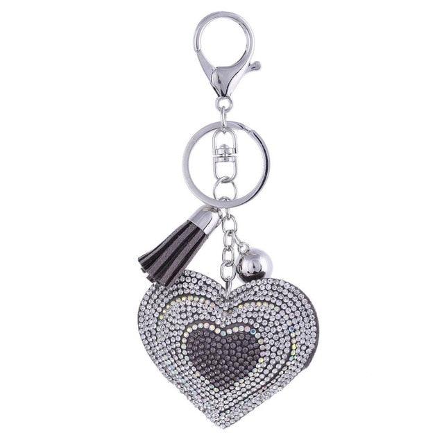 Cute Leather Heart Tassel Key Holder Metal Crystal Key Chain Keyring Rhinestone Heart Shape Keychains Glitter Crystal Heart Tassel Keychains Charm Keychain Bag Auto Pendant Gift