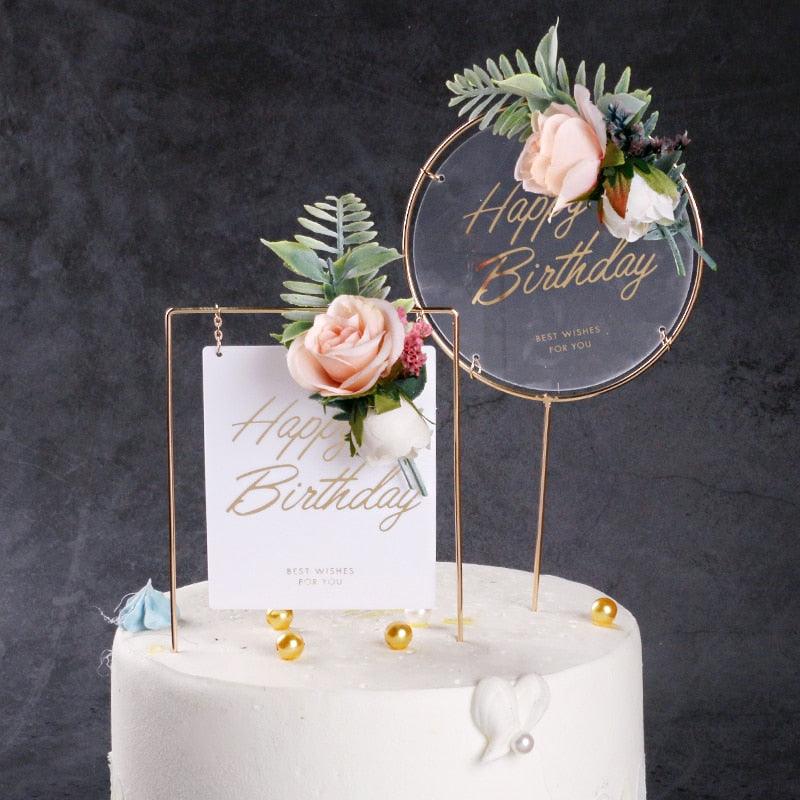 1Pcs Metal Happy Birthday Cake Topper Artificial flowers Cake Toppers Happy Birthday Cake Topper Metal And Acrylic Cake Decoration With Pink Artificial Flower Cluster For DIY Baby Shower Birthday Party Decoration Baking Decor