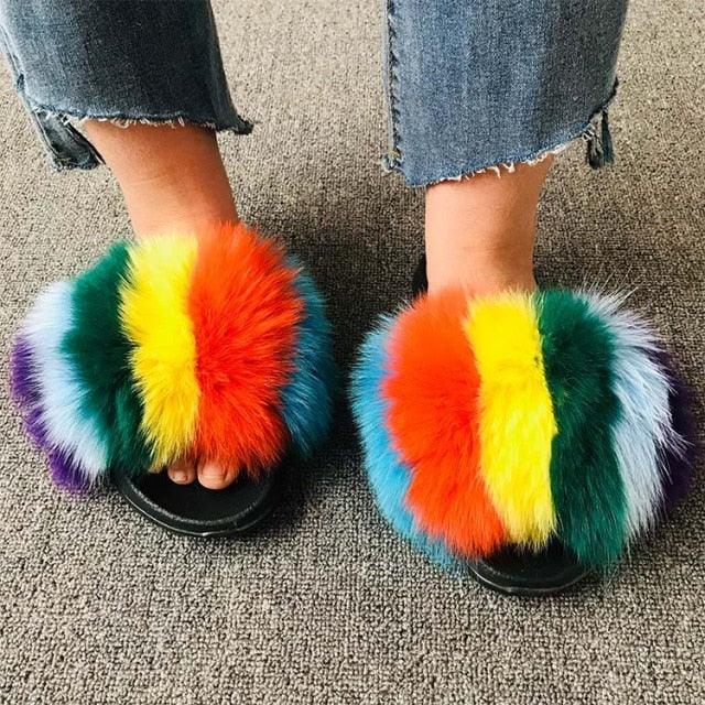 Summer Women Fox Fur Slippers Indoor Slides Fashion Flip Flops Casual Sandals Furry Fluffy Plush Slides Lightweight House Slippers Fluffy Sandals Outdoor Indoor Women Shoes