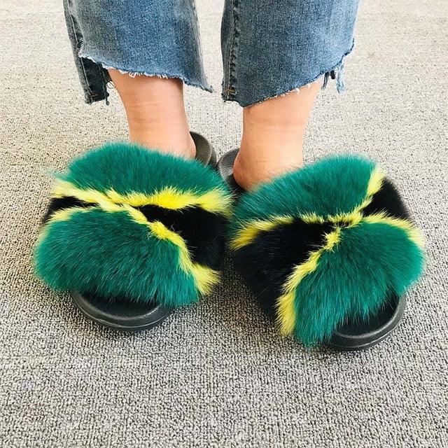 Summer Women Fox Fur Slippers Indoor Slides Fashion Flip Flops Casual Sandals Furry Fluffy Plush Slides Lightweight House Slippers Fluffy Sandals Outdoor Indoor Women Shoes