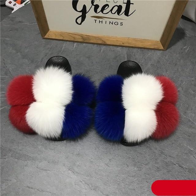 Women Fox Fur Slides Home Beautiful Flat Sandals Female Cute Fluffy House Woman Fur Fluffy Slippers Furry Slides Summer Sandals Open Toe Indoor Outdoor Comfortable Slides Sandals