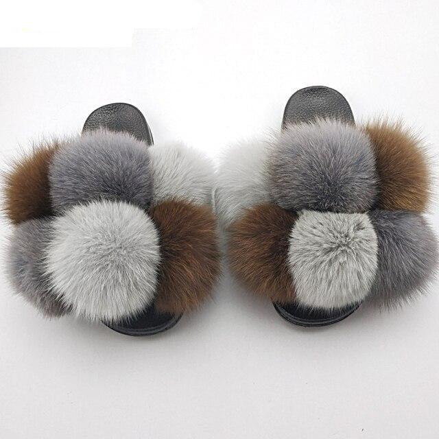 Women Fox Fur Slides Home Beautiful Flat Sandals Female Cute Fluffy House Woman Fur Fluffy Slippers Furry Slides Summer Sandals Open Toe Indoor Outdoor Comfortable Slides Sandals