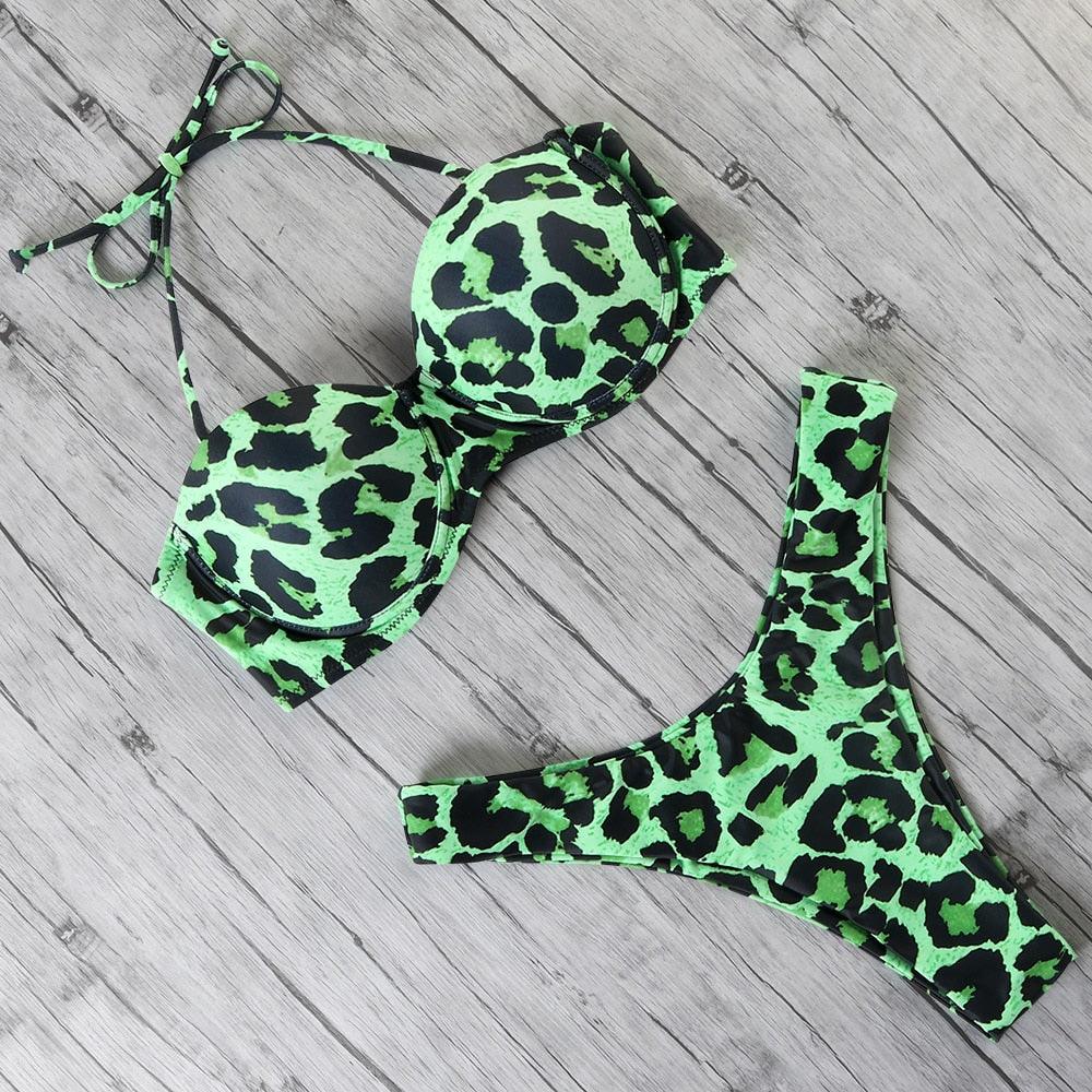 Animal Print Leopard Bikini Push Up Swimsuit Women Bikini Set Bathing Suit Bandeau Beach Wear Swimwear Women Casual Leopard Printed Triangle High Waist Two Piece Bikini Sets