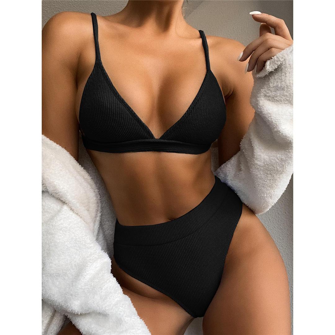 Female Swimsuit High Waist Bikini Women High Waist Swimsuits Triangle Bathing Suit V Neck Two Piece Bikini Sets Women Swimwear Two-pieces Bikini Set Ribbed Bather Bathing Suit Swim