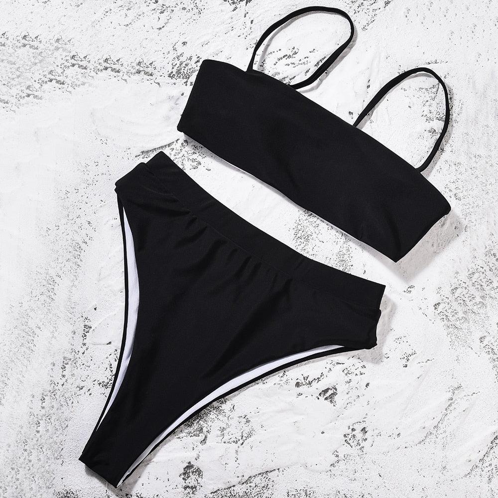 Bikinis Solid Push Up Bikini Padded Bra Straps High Waist Swimsuit Female Swimwear Women's Bathing Suit Lace up Bikini Ribbed Two Piece Swimsuit