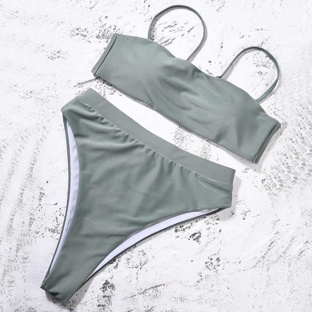 Bikinis Solid Push Up Bikini Padded Bra Straps High Waist Swimsuit Female Swimwear Women's Bathing Suit Lace up Bikini Ribbed Two Piece Swimsuit