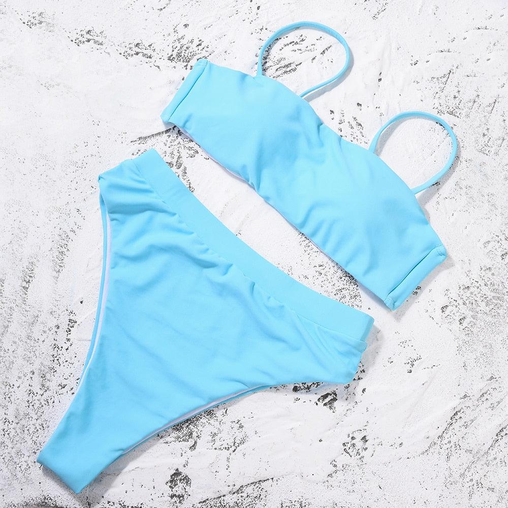 Bikinis Solid Push Up Bikini Padded Bra Straps High Waist Swimsuit Female Swimwear Women's Bathing Suit Lace up Bikini Ribbed Two Piece Swimsuit