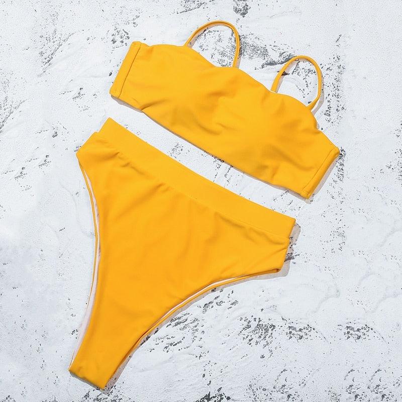 Bikinis Solid Push Up Bikini Padded Bra Straps High Waist Swimsuit Female Swimwear Women's Bathing Suit Lace up Bikini Ribbed Two Piece Swimsuit