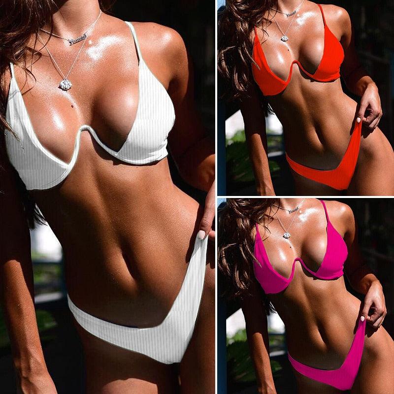 Neon V-bar Underwired Bikini Female Ribbed Swimsuit Women Swimwear Two-pieces Bikini set Push up Bathing Suit