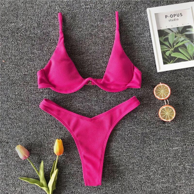 Neon V-bar Underwired Bikini Female Ribbed Swimsuit Women Swimwear Two-pieces Bikini set Push up Bathing Suit