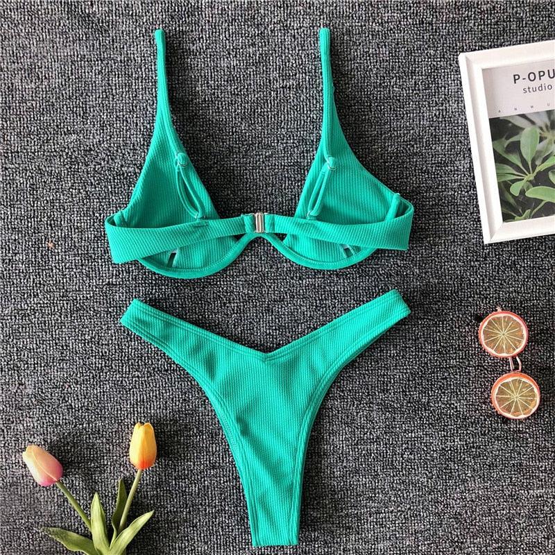 Neon V-bar Underwired Bikini Female Ribbed Swimsuit Women Swimwear Two-pieces Bikini set Push up Bathing Suit