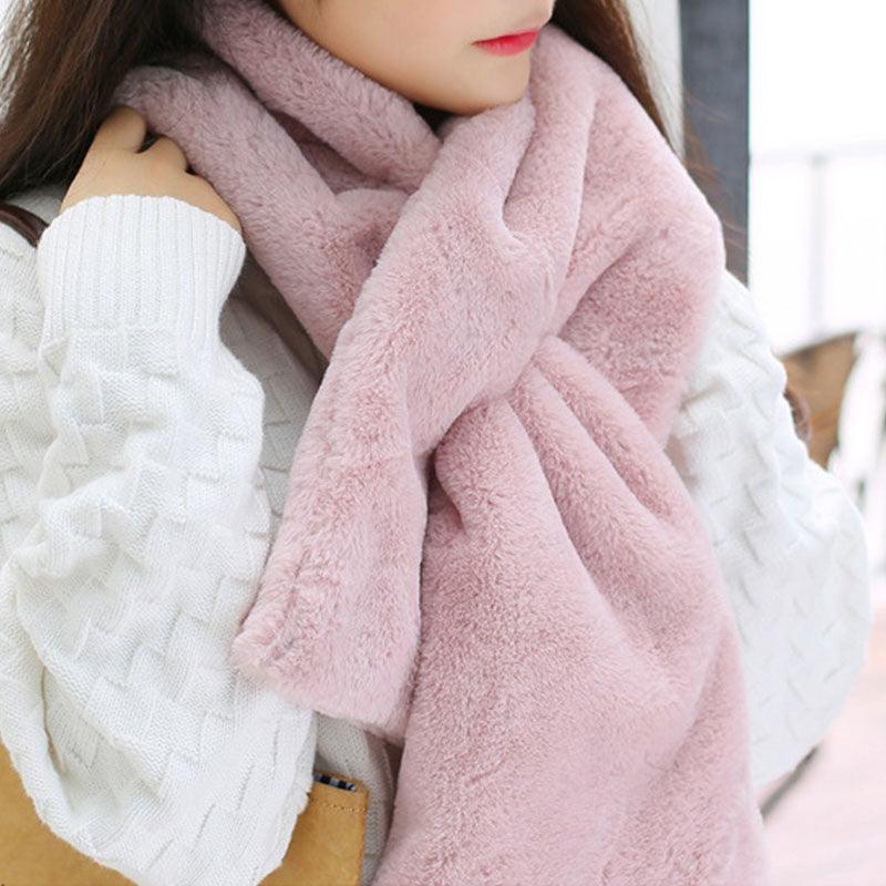 New Winter Solid Color Warm Thicken Soft Collar Scarf Faux Rabbit Fur Neckerchief Plush Warm Hot Scarfs Cross Collar Scarf Shawl Solid With Pearl Elegant For Women