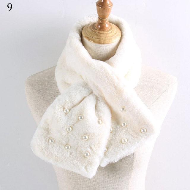 New Winter Solid Color Warm Thicken Soft Collar Scarf Faux Rabbit Fur Neckerchief Plush Warm Hot Scarfs Cross Collar Scarf Shawl Solid With Pearl Elegant For Women