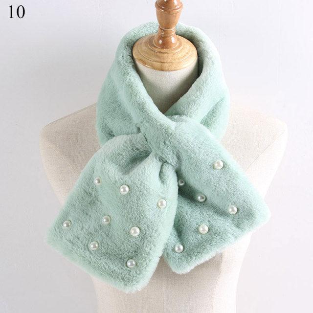 New Winter Solid Color Warm Thicken Soft Collar Scarf Faux Rabbit Fur Neckerchief Plush Warm Hot Scarfs Cross Collar Scarf Shawl Solid With Pearl Elegant For Women