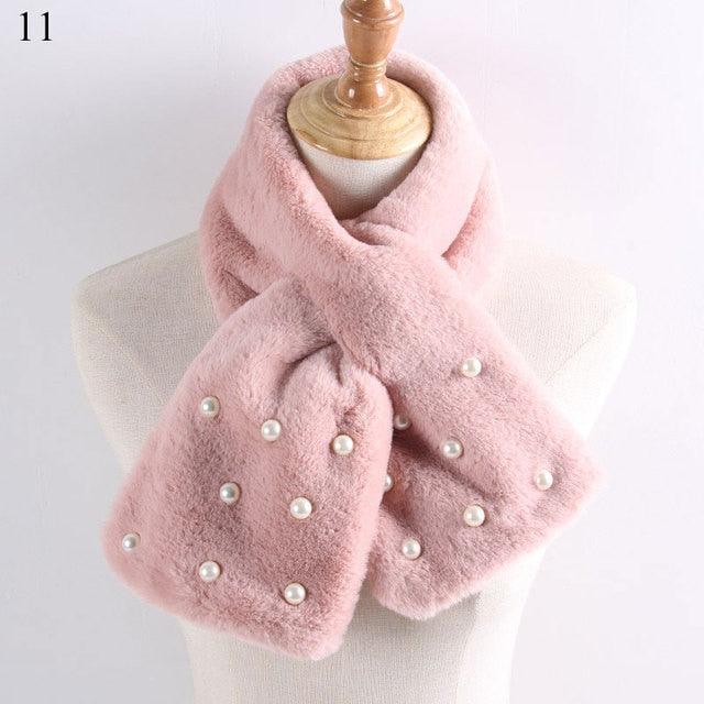 New Winter Solid Color Warm Thicken Soft Collar Scarf Faux Rabbit Fur Neckerchief Plush Warm Hot Scarfs Cross Collar Scarf Shawl Solid With Pearl Elegant For Women