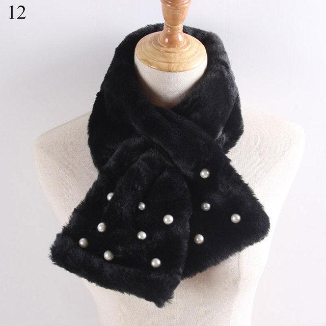 New Winter Solid Color Warm Thicken Soft Collar Scarf Faux Rabbit Fur Neckerchief Plush Warm Hot Scarfs Cross Collar Scarf Shawl Solid With Pearl Elegant For Women