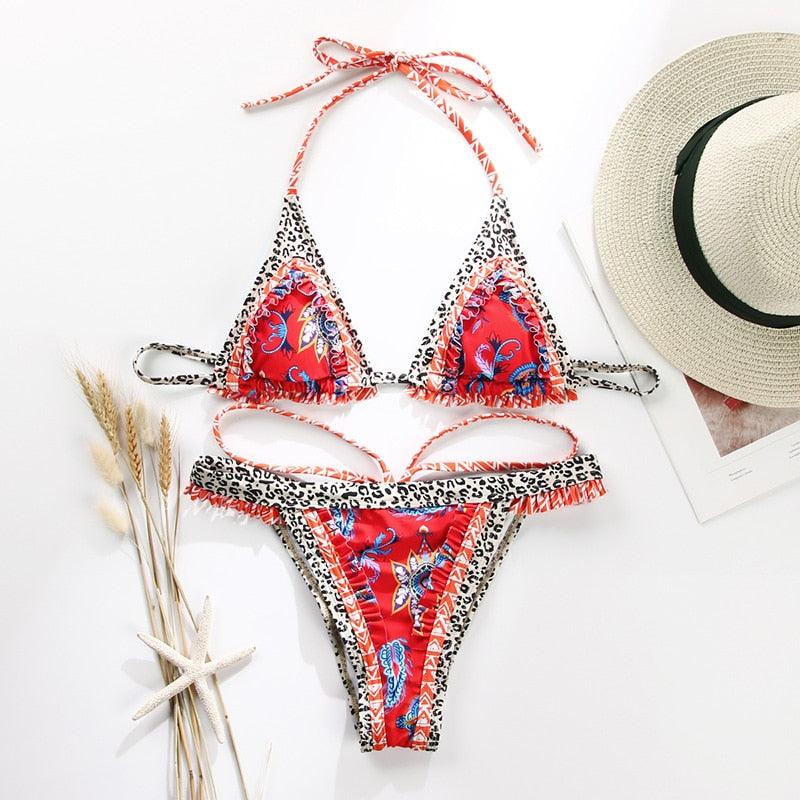 Handwork Bikinis Small Ruffle Swimsuit Vintage Print Swimwear Women Bathing Suit Leopard Patchwork Bikini Set String