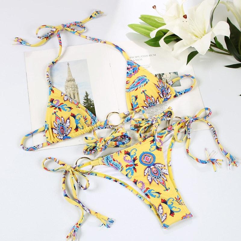 Handwork Bikinis Small Ruffle Swimsuit Vintage Print Swimwear Women Bathing Suit Leopard Patchwork Bikini Set String