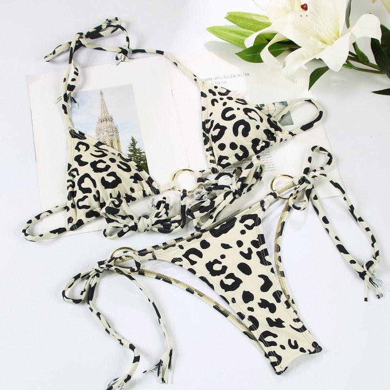 Handwork Bikinis Small Ruffle Swimsuit Vintage Print Swimwear Women Bathing Suit Leopard Patchwork Bikini Set String