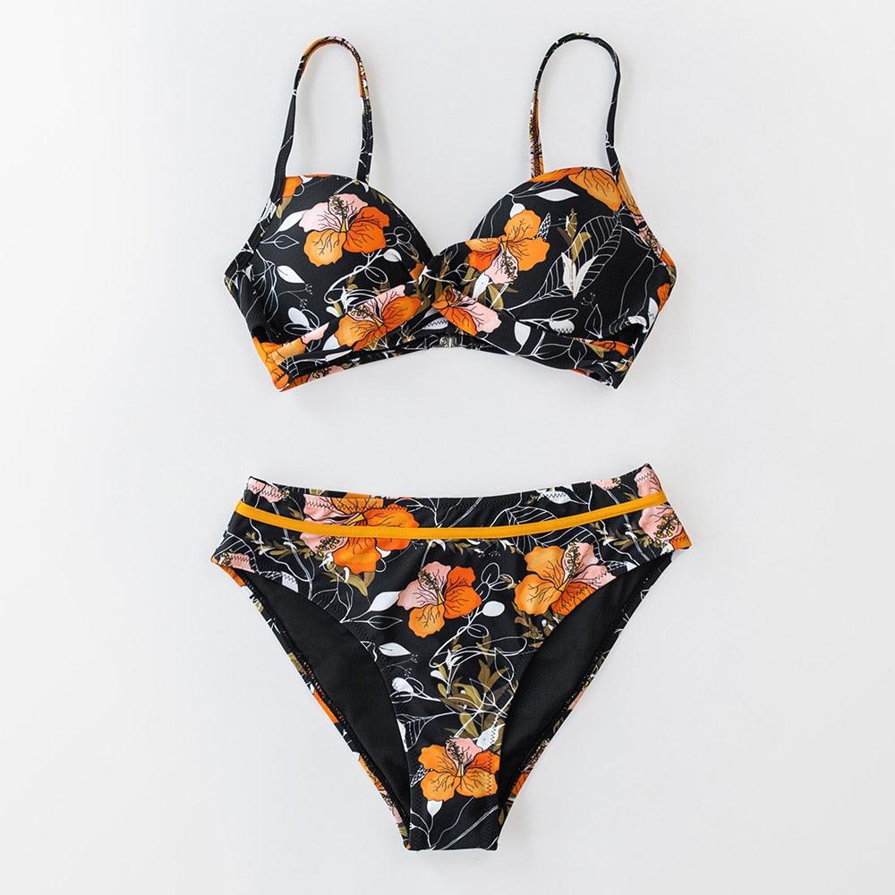 Push Up Floral Bikini Sets Women Two Pieces Swimsuits Women's Bathing Suits Push Up Halter Bandage Bikini Floral Printing Swim Bottoms Two Piece Swimsuits New Girl Beach Bathing Suits Swimwear