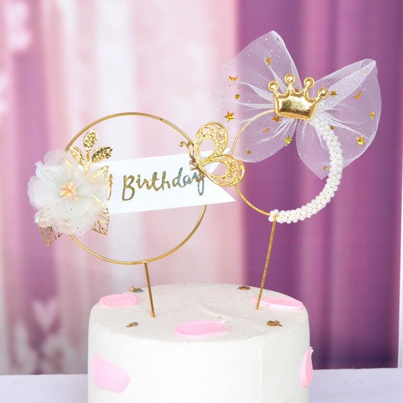 1Pcs Metal Happy Birthday Cake Topper Artificial flowers Cake Toppers Happy Birthday Cake Topper Metal And Acrylic Cake Decoration With Pink Artificial Flower Cluster For DIY Baby Shower Birthday Party Decoration Baking Decor