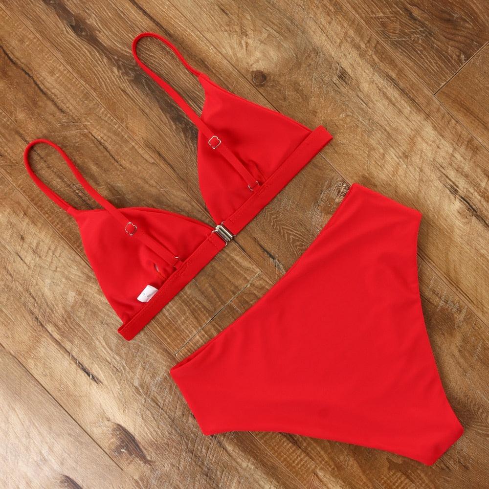 Bikini Swimwear Swimsuit Women Solid Bathing Suit Bikini Set With Pad Female High Waist Beachwear Women Bikini Swimsuits 2 Piece Deep V Neck Swimwear Adjustable Strap Back Bathing Suits