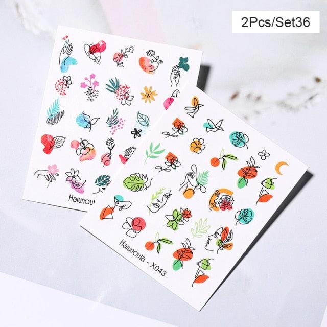 Abstract Lady Face Water Decals Fruit Flower Summer Leopard Alphabet Leaves Nail Stickers Water Black Leaf Sliders Marble Nail Art Stickers Water Transfer Nail Decals Full Wraps Gradient Acrylic Nail Kits for Women Manicure Decoration