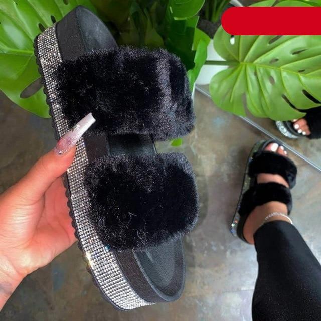 Women Fur Slippers Summer Home Flat Fur Slides For Women Fluffy Shoes Glitter Women' Casual Shoes House Slippers With Arch Support Slip-On Slippers For Women Flat Sandals