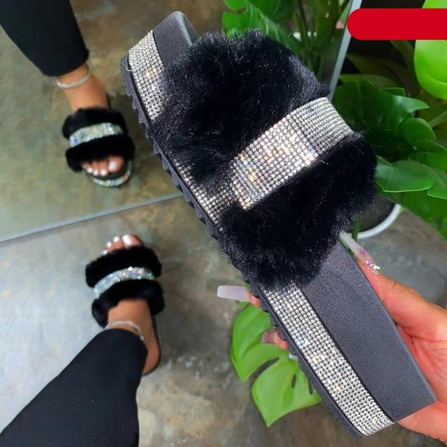 Women Fur Slippers Summer Home Flat Fur Slides For Women Fluffy Shoes Glitter Women' Casual Shoes House Slippers With Arch Support Slip-On Slippers For Women Flat Sandals