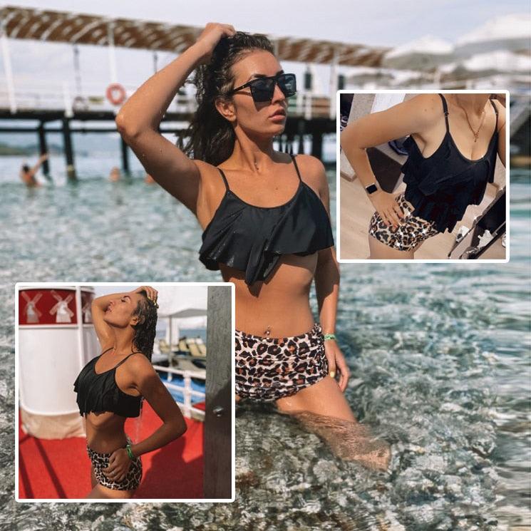 Leopard Bikini High Waist Bikini Animal Print Floral Swimsuit Ruffle Swimsuit Plus Size Swimwear Women Swimsuits for Women Two Piece Bathing Suits Ruffle Tops With High Waist Bottoms Bikini Sets For Teen Girls