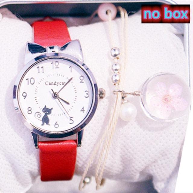 Women Charming Watch Set Pink Leather Strap Student Watch Children Black Cat Leather Strap And Round Dial Quartz Watches For Women Cat Dial With Stainless Steel Dial Quartz Watch