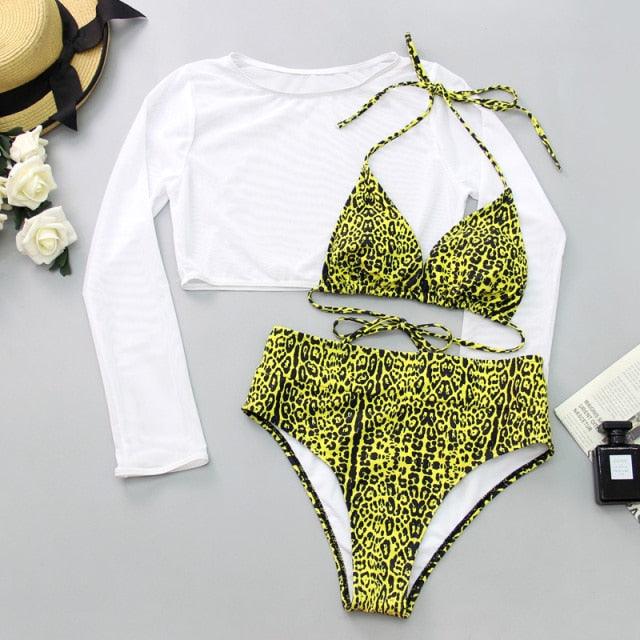 Neon Yellow Crop Top Swimwear Women Summer 3 Pieces Swimsuit Bikini Sets With Sheer Crop Top Cover Up Beachwear Mesh Long Sleeve Cover Ups Top Three Piece Swimsuit Bikini Set