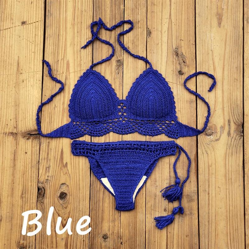 Summer Hand Crochet Women Swimwear Crop Top Push Up Bikini Set Beach Swimsuit Suit Tassel Swim Beach Beachwear Bikini Bra Bikini Swimsuit Women Beach Crochet Crop Summer Halter Bikini