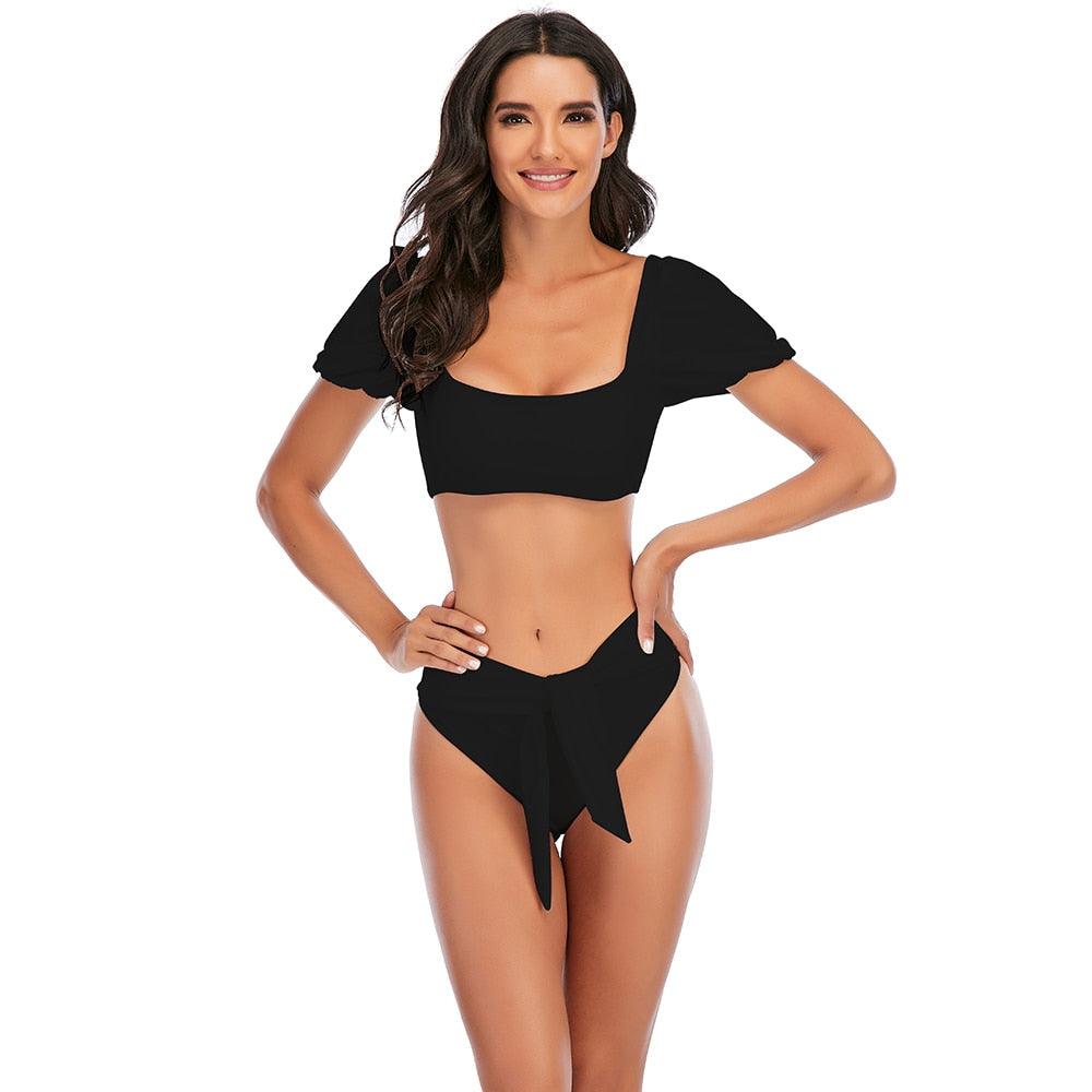 Bikini New 2 Piece Women Swimsuit Women's High Waist Bikini Set Fashion Puff Sleeve Swimwear Set Bathing Suits Solid Color Short Puff Sleeve Summer High Waist Cut Backless Bathing Suit Beachwear