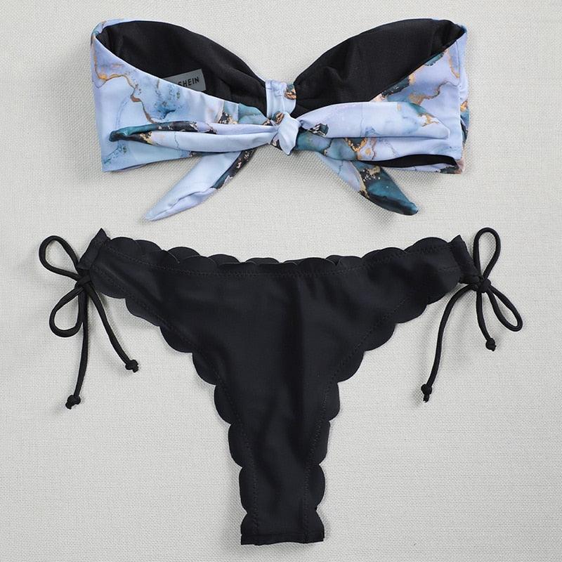 Summer Blue Bikini Women Swimwear Female Swimsuit  Women’s Floral Print Lace-up Strapless Padded Comfortable Swimwear Bathing Suit Two-pieces Bikini Set Knotted Bathing Swim Suit