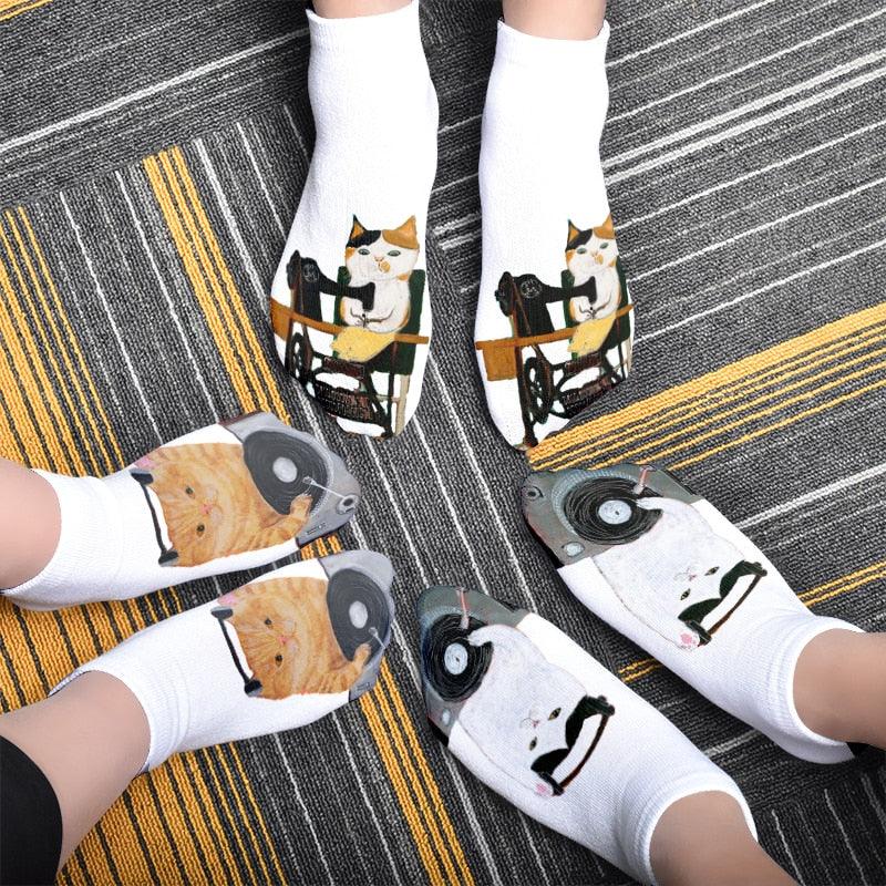 New 3D Print Funny Cute Cartoon Kitten Unisex Short Socks Creative Colorful Multiple Cat Face Happy Low Ankle Socks For Men And Women