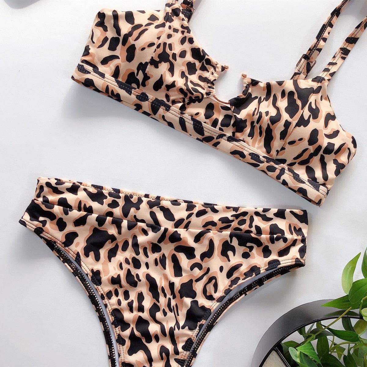 Leopard Bikinis Bikini Swimming Women's Bathing Suits Push Up Swimsuit Women's Padded Underwire Bikini  Wire Push Up Bathing Suit Leopard Printed High Cut Vintage Swimsuit