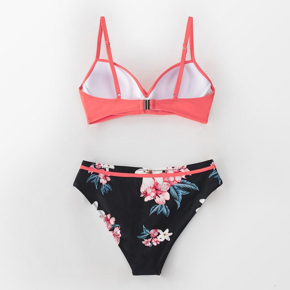 Push Up Floral Bikini Sets Women Two Pieces Swimsuits Women's Bathing Suits Push Up Halter Bandage Bikini Floral Printing Swim Bottoms Two Piece Swimsuits New Girl Beach Bathing Suits Swimwear