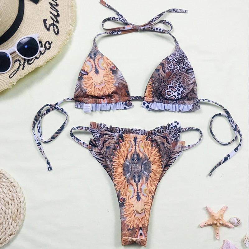 Print Swimsuit 3 Piece Mesh Bikini Set  Women's Ribbed Floral Bikini Set Tie Side Swimsuit Cover Ups Daisy Butterfly Print Three Piece Bikini Swimwear Triangle Micro Bikini String Halter Swimwear Women Low Waist Bathing Suit