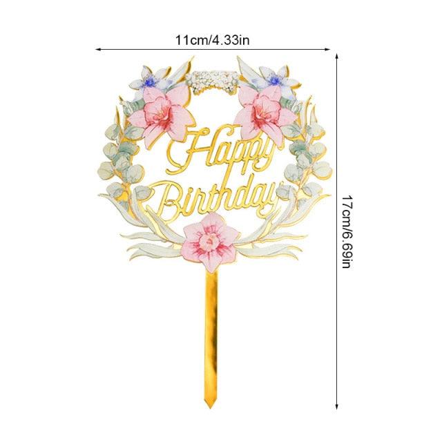 1Pcs Metal Happy Birthday Cake Topper Artificial flowers Cake Toppers Happy Birthday Cake Topper Metal And Acrylic Cake Decoration With Pink Artificial Flower Cluster For DIY Baby Shower Birthday Party Decoration Baking Decor