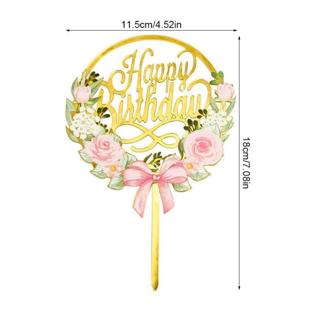 1Pcs Metal Happy Birthday Cake Topper Artificial flowers Cake Toppers Happy Birthday Cake Topper Metal And Acrylic Cake Decoration With Pink Artificial Flower Cluster For DIY Baby Shower Birthday Party Decoration Baking Decor