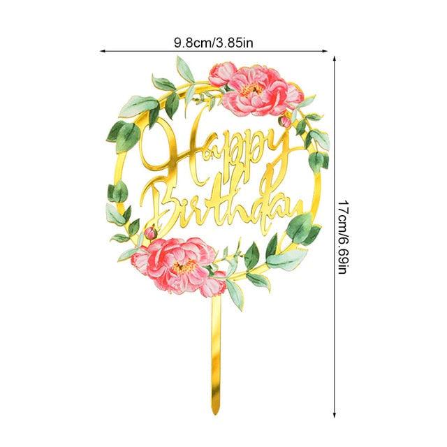 1Pcs Metal Happy Birthday Cake Topper Artificial flowers Cake Toppers Happy Birthday Cake Topper Metal And Acrylic Cake Decoration With Pink Artificial Flower Cluster For DIY Baby Shower Birthday Party Decoration Baking Decor