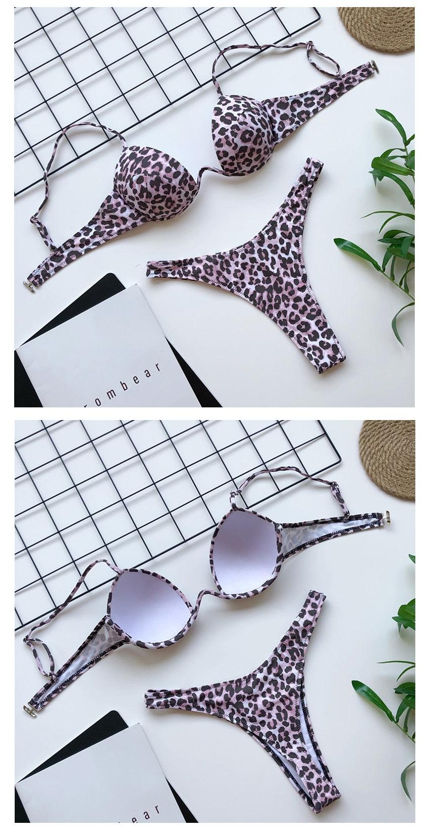 High Waist Bikini Push Up Swimsuit Leopard Swimwear Women Bikini Set Swimsuits For Women V-Wired Underwire Push Up High Cut Bikini Set Two Pieces Bathing Suits Women Bathing Suit